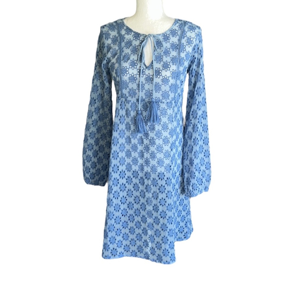 Sundance Blue Embroidered Floral Eyelet Gauze Tassel Tie Neck Mini Dress - XS